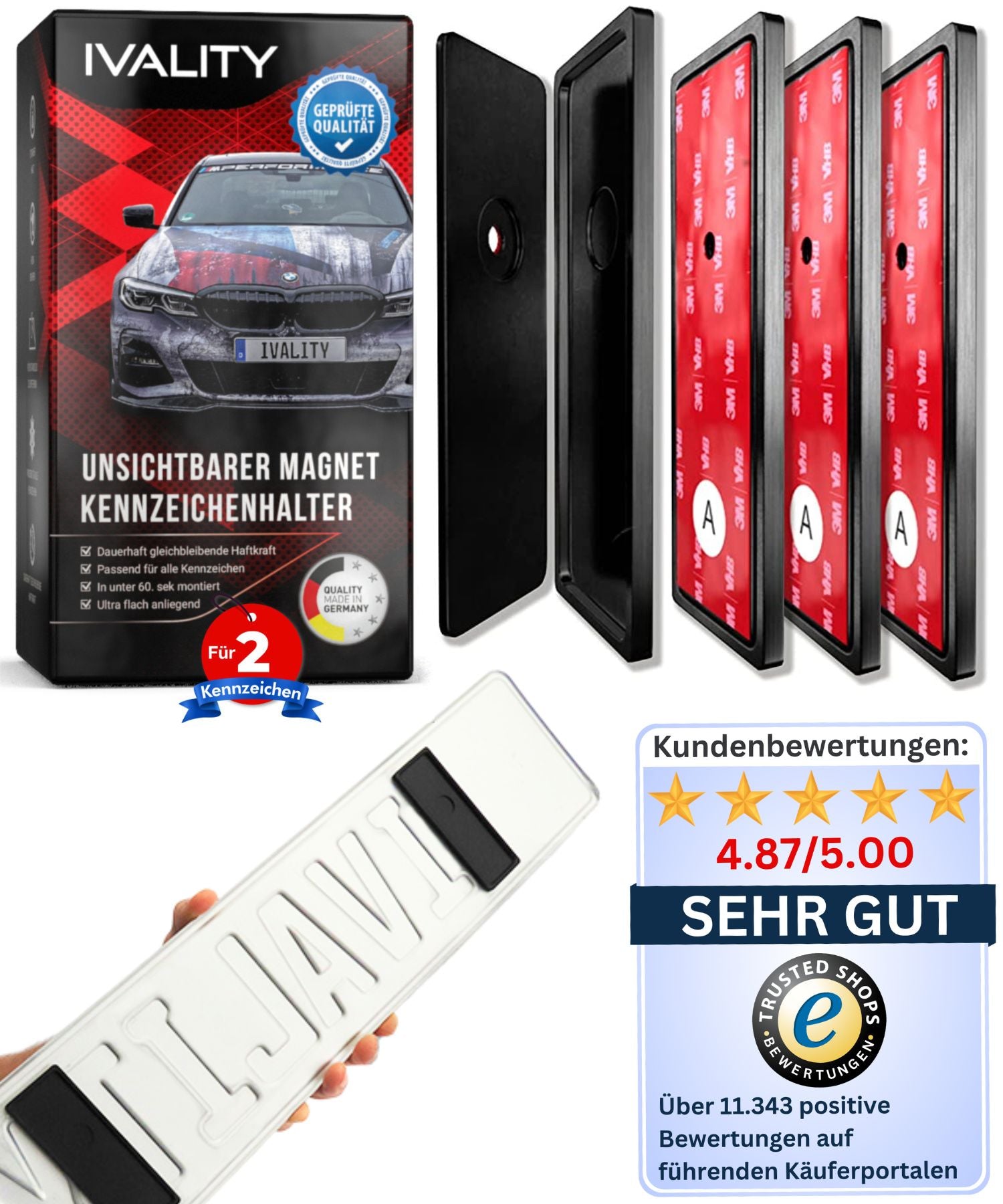 IVALITY 1x Magnetischer Alu-Kennzeichen-Halter schwarz für auf der  Stoßstange - Autozubehör - Fußmatten