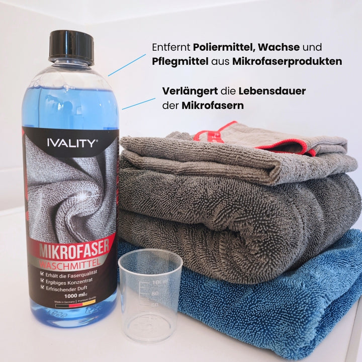 Mikrofaser Waschmittel 1L mit Messbecher – Spezialwaschmittel für Mikrofasertücher, Polier- & Trockentücher