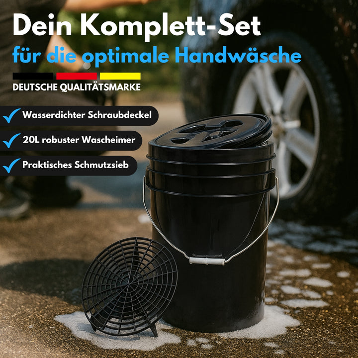Robuster 20L Wascheimer mit Schmutzsieb und Schraubdeckel für die perfekte Autowäsche