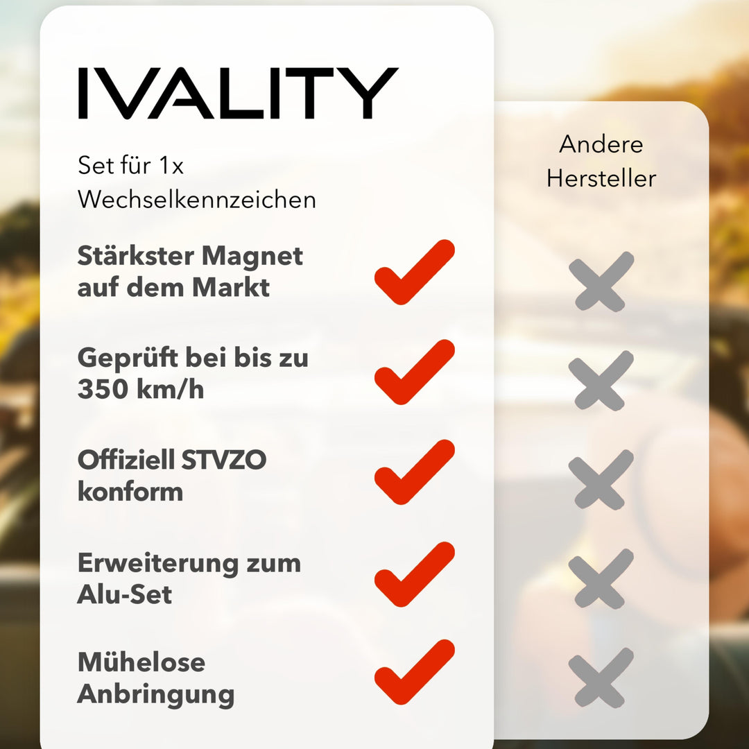 IVALITY® Hochwertiger Magnet Kennzeichenhalter Rahmenlos  Wechselkennzeichenhalter Österreich /DE/CH für 2 Kfz Autokennzeichen -   Schweiz